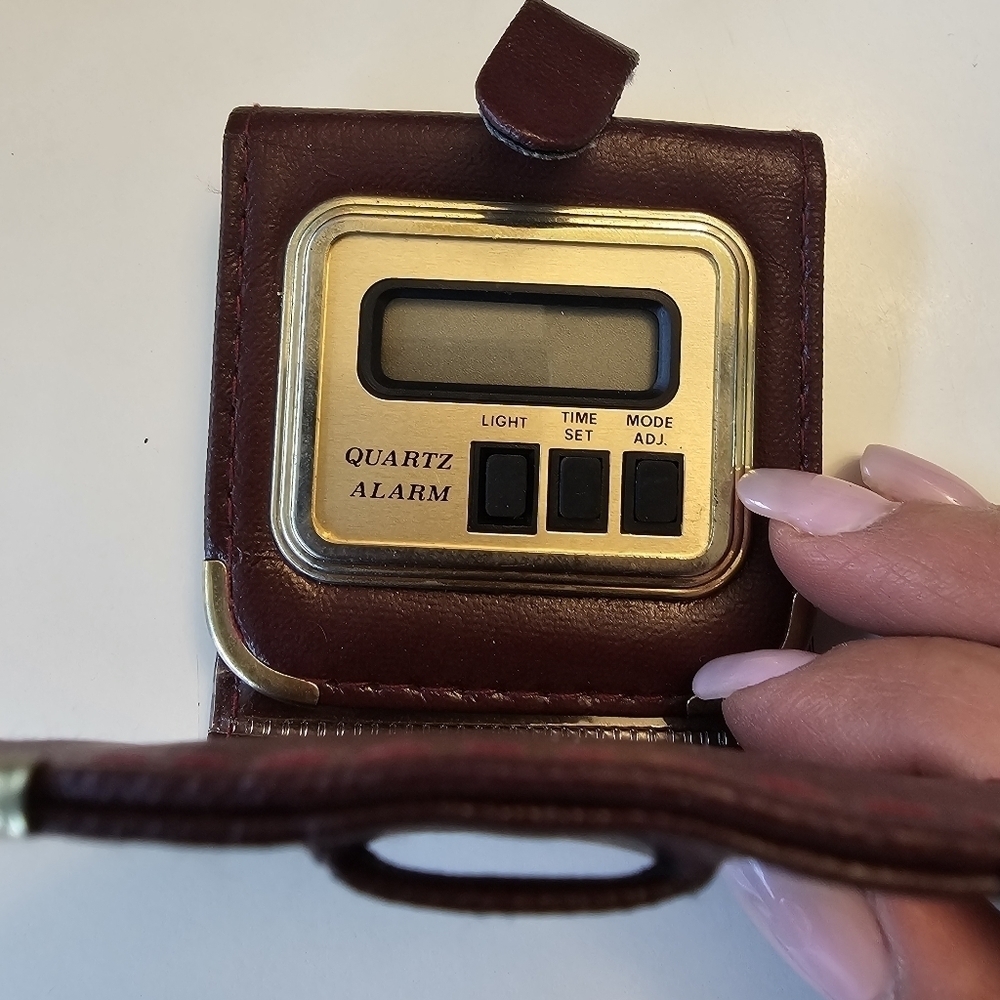 Vintage Travel Alarm clock, Red Leather Quartz
